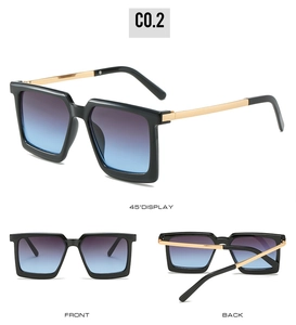 Detailed views showing square black frames with gradient lenses and gold metal temples