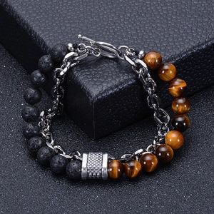 Natural Tiger Eye Lava Stone Beaded Bracelet Men Stainless Steel Chain Double Layer Handmade Jewelry With Toggle Clasp