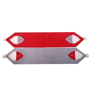 Christmas table runner set with red and grey felt gnomes featuring plush white beards