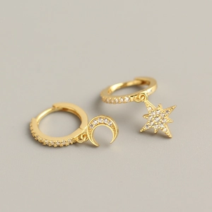 Elegant gold S925 sterling silver asymmetrical star and moon hoop earrings with pavé crystals