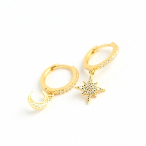 Asymmetric S925 sterling silver star and moon drop earrings with pavé diamond accents