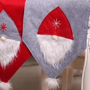 Christmas gnome table runner in red and gray felt with plush beards and star embroidery