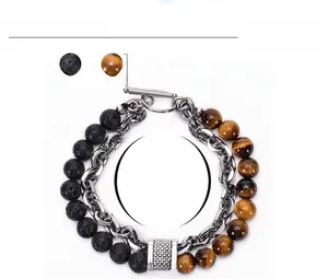 Detailed specs of men's tiger eye and lava stone bead bracelet with stainless steel clasp