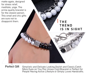 Detail of double-layer bracelet with white turquoise, black agate, and silver T-bar clasp