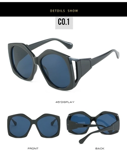Detailed views of chunky square sunglasses with hollow frame design and blue lenses