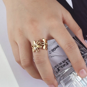 Chic gold sunflower stainless steel open ring with double hollow flower petals for women