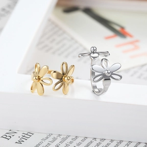 Polished titanium steel sunflower and dragonfly open rings in gold and silver finish
