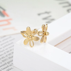 Minimalist sunflower shape titanium steel ring in golden finish with open adjustable design