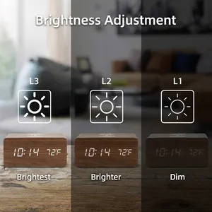 Black wood digital alarm clock with wireless charging and 3-level LED brightness display