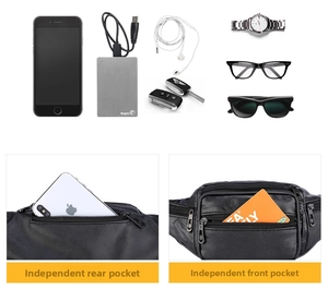 Detail showing multiple zipper pockets and organized storage for men's PU leather waist bag