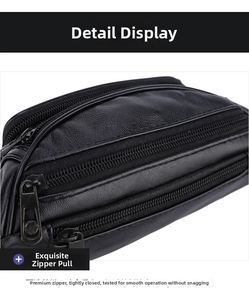 Close-up of triple layered metal zippers on smooth black business leather waist bag