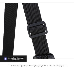 Detail of adjustable quick-release buckle on a black nylon strap of a men's business bag