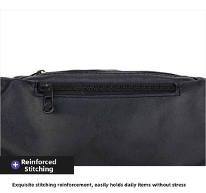 Close-up of durable reinforced stitching and metal zipper on black textured PU bag