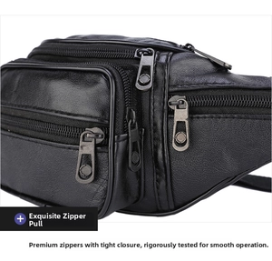 Close-up of durable metal zipper hardware and litchi grain texture on the black waist bag