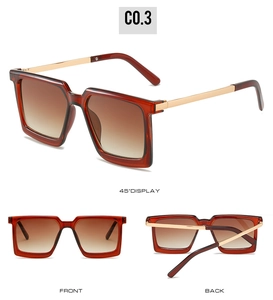 Three-view display of square gradient sunglasses with gold metal temples and brown frames