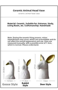 Detailed size chart for Nordic ceramic animal head vases featuring goose rabbit and deer designs