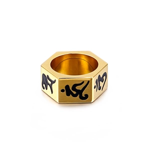 Men's gold hexagonal titanium steel ring with black engraved Sanskrit mantra symbols