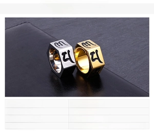 Detailed specs for titanium steel Buddhist mantra rings in gold and silver finish