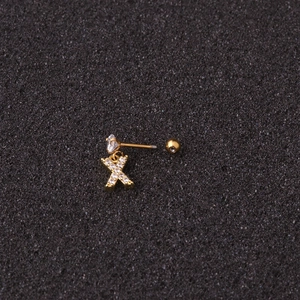 Golden letter X pendant earring with sparkling zircon stone and screw ball back closure