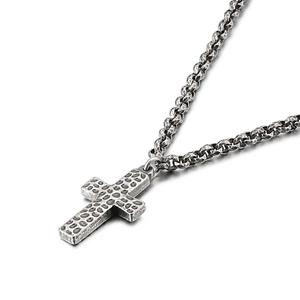 Vintage stainless steel cross necklace with hammered texture on a bold link chain
