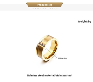 Close-up of 8mm gold brushed stainless steel ring with center groove and four small stones