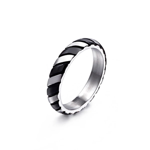 Unisex stainless steel ring with diagonal black stripes on silver band in a centered view