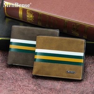 Men's retro short wallet with tricolor stripes on dark background and vintage books