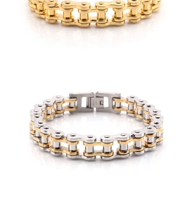 Close-up of gold and silver stainless steel motorcycle chain bracelets with folding clasp