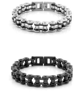 Close-up of stainless steel punk motorcycle chain bracelets with mechanical links