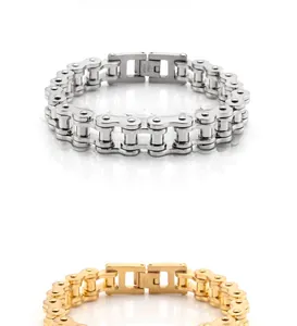 Polished stainless steel bike chain bracelets in silver and gold with secure fold-over clasps