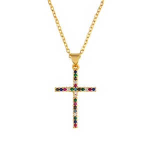 Golden cross necklace with multicolor zircon stones and polished O-chain for women and men