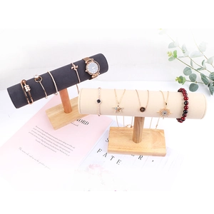 Solid wood T-bar jewelry display stand with velvet rollers for watches and bracelets