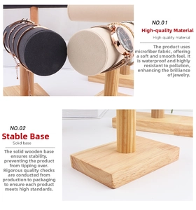 Macro detail of wooden watch stand with microfiber cylinder and solid wood base support
