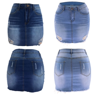 Front and back views of distressed denim skirts with frayed hems in blue and light blue