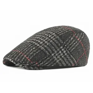 Classic British retro grey plaid wool flat cap with red stripes for autumn and winter