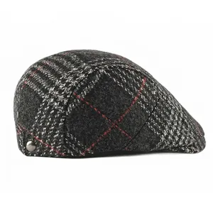 Men's dark grey plaid wool beret flat cap with vintage British style for autumn and winter