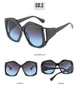 Detailed multi-angle view of oversized geometric sunglasses with gradient lenses