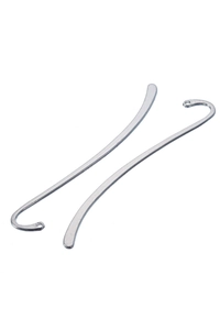 Close-up of curved silver-plated metal bookmarks with hook and hole details on white background