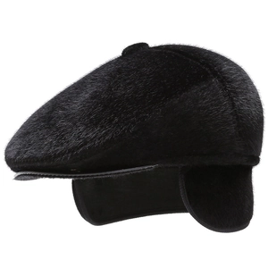 Men's winter black newsboy cap with ear flaps and fleece lining for elderly warmth