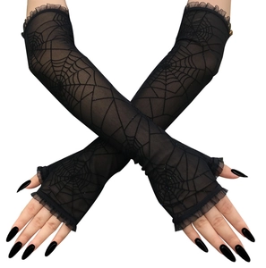 Schwarze lange fingerlose Netz-Handschuhe mit Spinnennetz-Muster und Rüschen für Halloween.