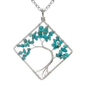 Detailed view of handmade square tree of life pendant featuring turquoise stone chips