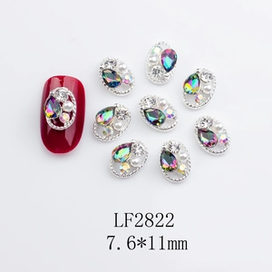 Nail art decoration with oval silver base, AB crystal teardrop stone and pearl 7.6x11mm