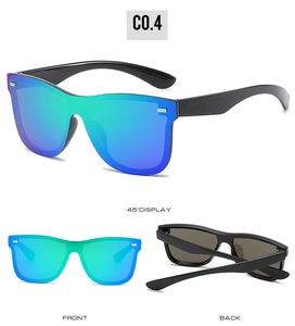 Three-angle views of blue-green gradient wrap-around reflective cycling sunglasses