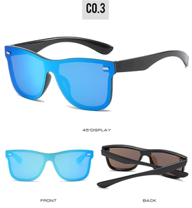 Detail view of large one-piece blue mirror sunglasses with black frame and metal hinges
