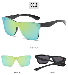 Three-way view of trendy oversized wrap sunglasses with green-yellow gradient mirror lens