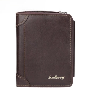 Detailed view of the dark brown leather wallet with neat stitching and embossed branding