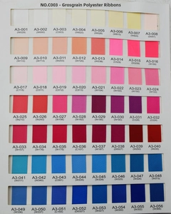 Detailed color chart showcasing 56 shades of C003 series ribbed polyester ribbons