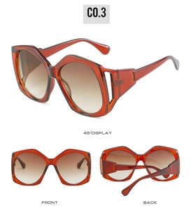 Detailed views of geometric hollow frame sunglasses with brown gradient lenses