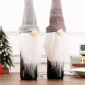 Nordic Christmas gnome wine bottle covers with knitted hats and white faux fur beards