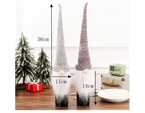 Detail view of gnome-themed knitted wine bottle covers with measurements of 36cm height